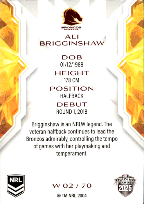Ali Brigginshaw Broncos NRL Women 2025 NRL Traders Trading Card W 02/70