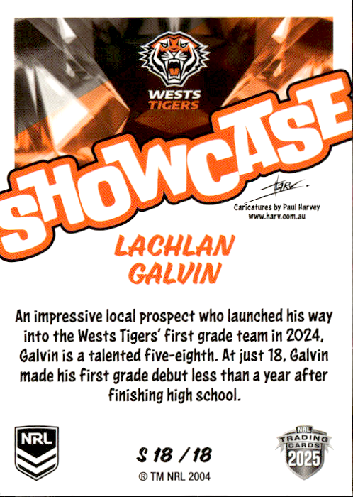 Lachlan Galvin West Tigers Showcase 2025 NRL Traders Trading Card S 18/18