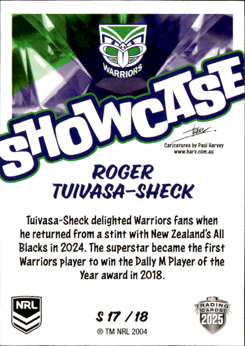 Roger Tuivasa-Sheck Warriors Showcase 2025 NRL Traders Trading Card S 17/18