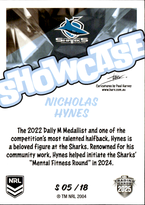 Nicholas Hynes Sharks Showcase 2025 NRL Traders Trading Card S05/18