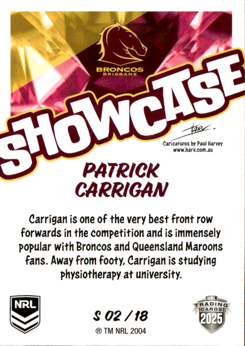 Patrick Carrigan Broncos Showcase 2025 NRL Traders Trading Card S 02/18