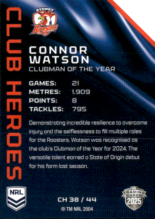 Connor Watson Roosters Club Heroes 2025 NRL Traders Trading Card CH 38/44