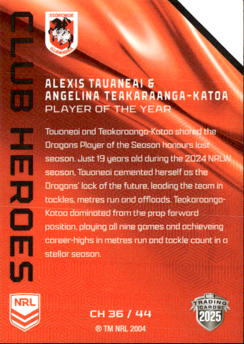 Alexis Tauaneai & Angelina Teakaraanga-Katoa Dragons Club Heroes 2025 NRL Traders Trading Card CH 36/44