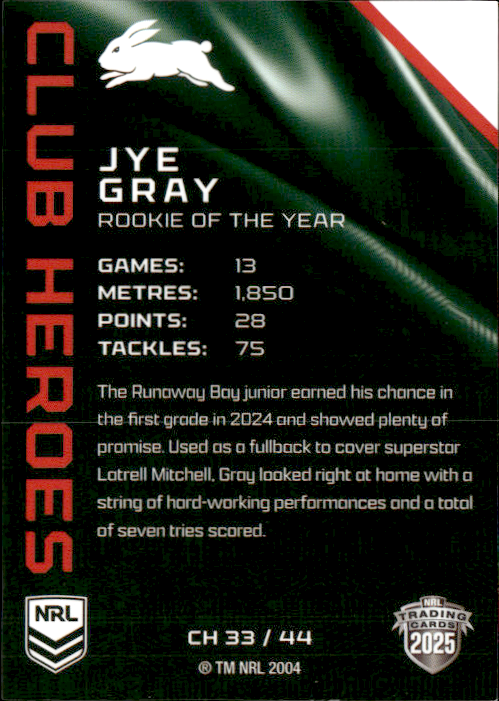 Jye Gray Rabbitohs Club Heroes 2025 NRL Traders Trading Card CH 33/44