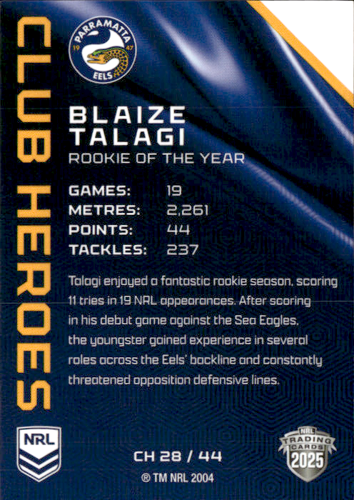 Blaize Talagi Eels Club Heroes 2025 NRL Traders Trading Card CH 28/44