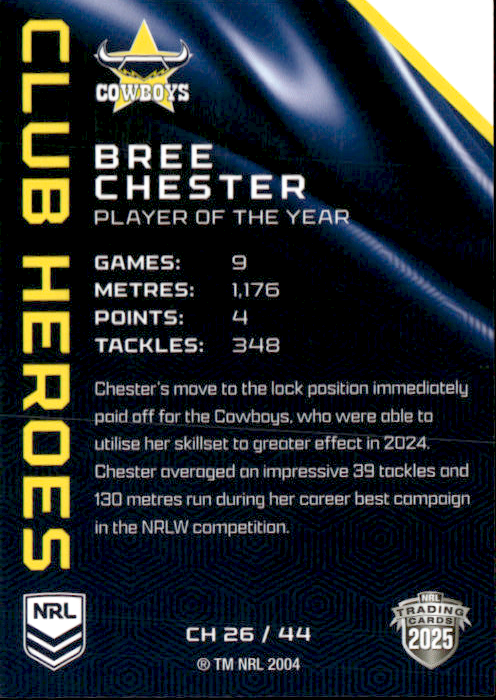 Bree Chester Cowboys Club Heroes 2025 NRL Traders Trading Card CH 26/44