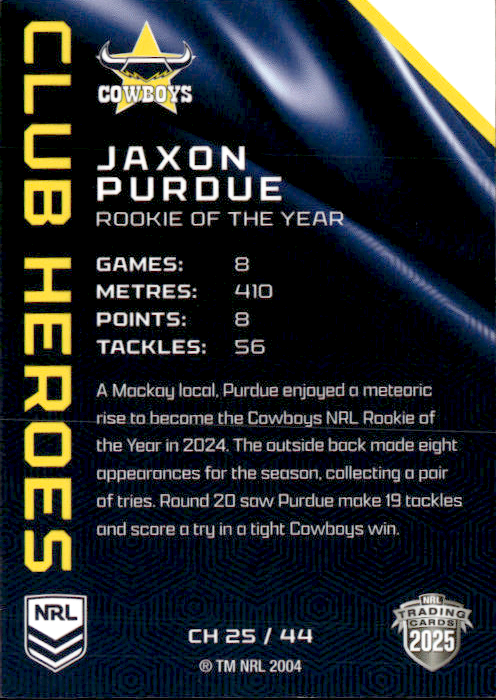 Jaxon Purdue Cowboys Club Heroes 2025 NRL Traders Trading Card CH 25/44