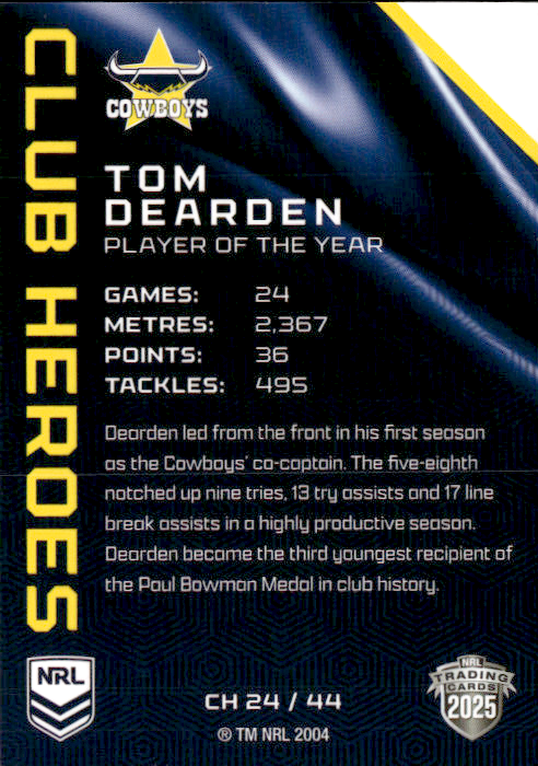 Tom Dearden Cowboys Club Heroes 2025 NRL Traders Trading Card CH 24/44