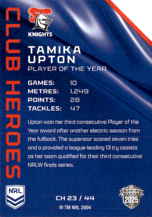 Tamika Upton Knights Club Heroes 2025 NRL Traders Trading Card CH 23/44