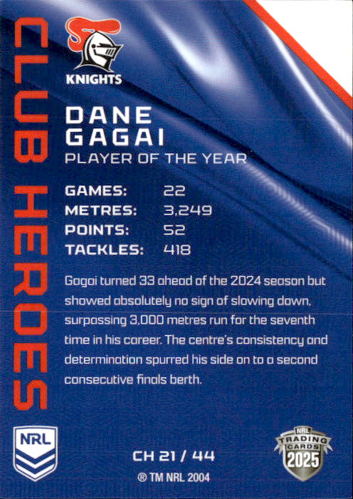 Dane Gagai Knights Club Heroes 2025 NRL Traders Trading Card CH 21/44