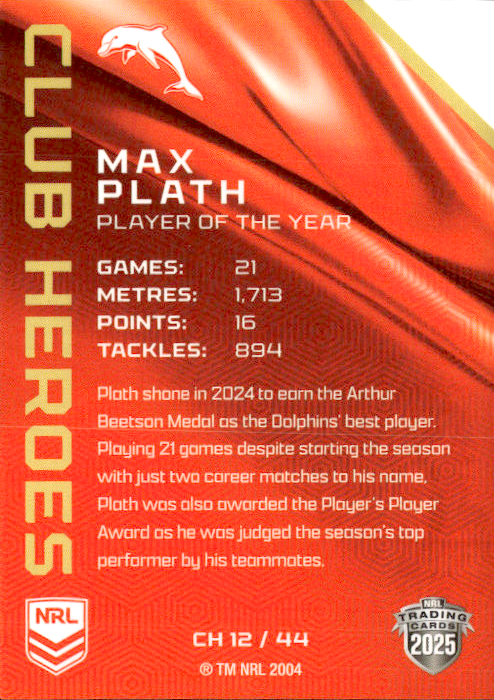 Max Plath Dolphins Club Heroes 2025 NRL Traders Trading Card CH 12/44