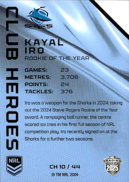 Kayal Iro Sharks Club Heroes 2025 NRL Traders Trading Card CH 10/44