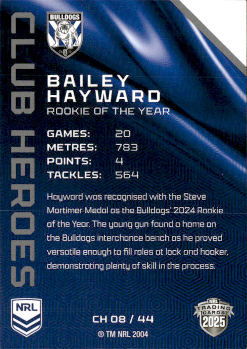 Bailey Hayward Bulldogs Club Heroes 2025 NRL Traders Trading Card CH 08/44