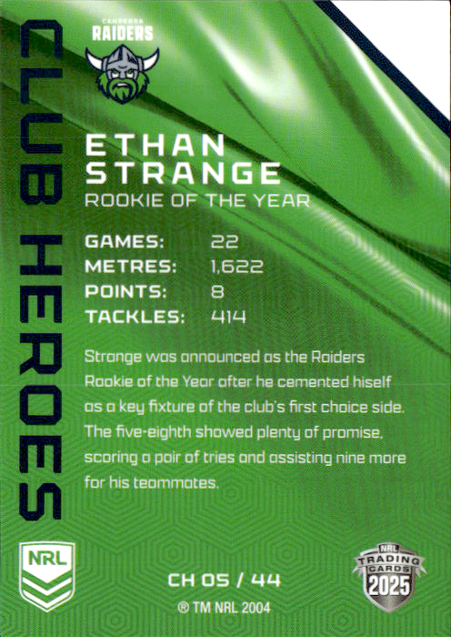 Ethan Strange Raiders Club Heroes 2025 NRL Traders Trading Card CH 05/44