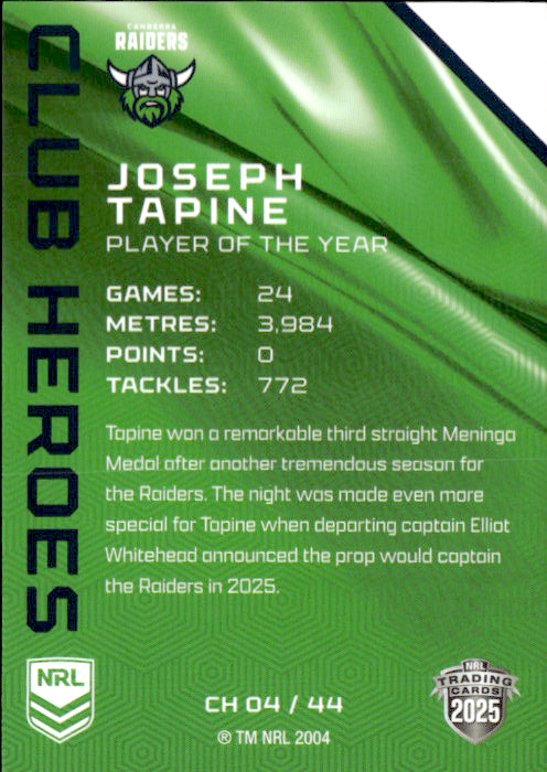 Joseph Tapine Raiders Club Heroes 2025 NRL Traders Trading Card CH 04/44
