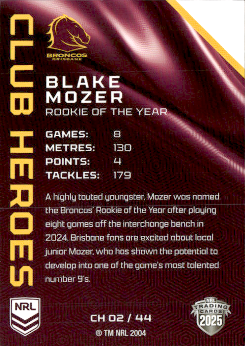 Blake Mozer Broncos Club Heroes 2025 NRL Traders Trading Card CH 02/44