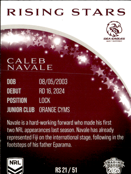 Caleb Navale Sea Eagles Rising Stars 2025 NRL Traders Trading Card RS 21/51