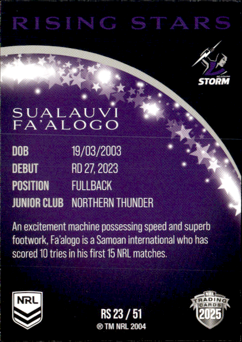 Sualauvi Fa'Alogo Storm Rising Stars 2025 NRL Traders Trading Card RS 23/51
