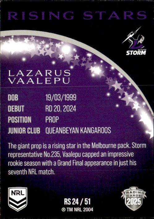 Lazarus Vaalpu Storm Rising Stars 2025 NRL Traders Trading Card RS 24/51