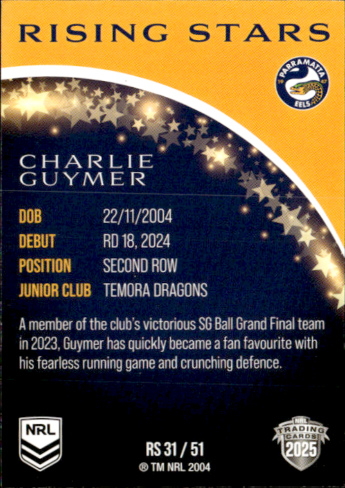 Charlie Guymer Eels Rising Stars 2025 NRL Traders Trading Card RS 31/51