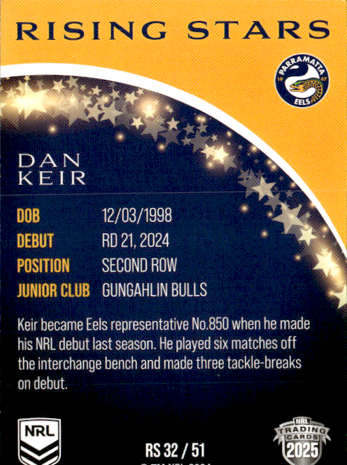 Dan Keir Eels Rising Stars 2025 NRL Traders Trading Card RS 32/51