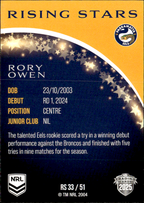 Rory Owen Eels Rising Stars 2025 NRL Traders Trading Card RS 33/51