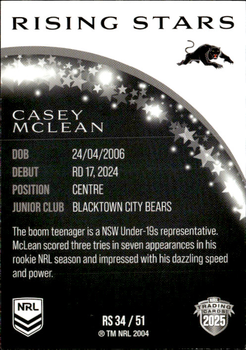 Casey McLean Panthers Rising Stars 2025 NRL Traders Trading Card RS 34/51