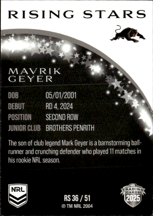 Mavrik Geyer Panthers Rising Stars 2025 NRL Traders Trading Card RS 36/51