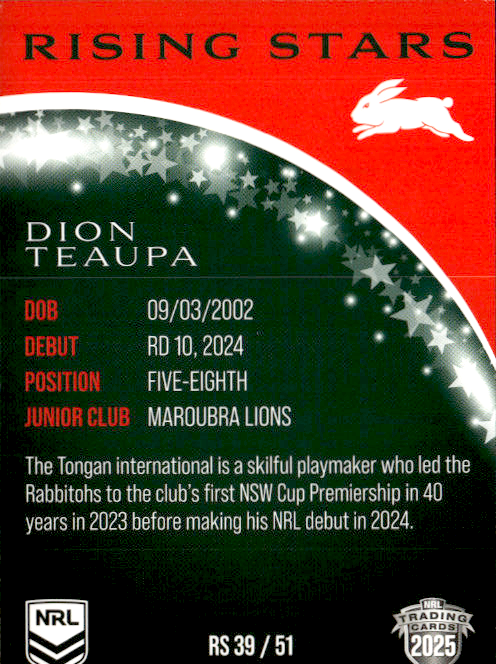 Dion Teaupa Rabbitohs Rising Stars 2025 NRL Traders Trading Card RS 39/51