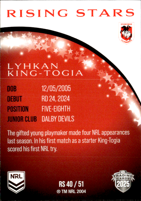 Lyhkan King-Togia Dragons Rising Stars 2025 NRL Traders Trading Card RS 40/51