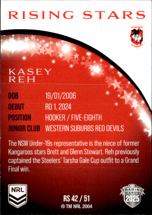 Kasey Reh Dragons Rising Stars 2025 NRL Traders Trading Card RS 42/51