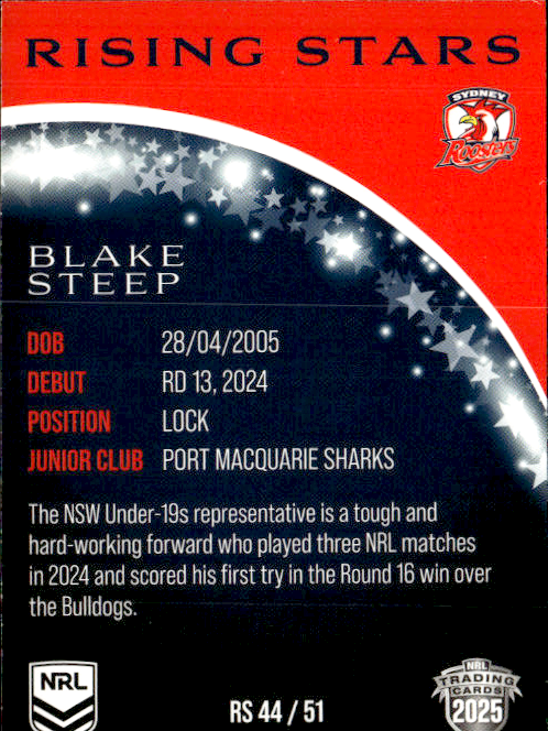 Blake Steep Roosters Rising Stars 2025 NRL Traders Trading Card RS 44/51