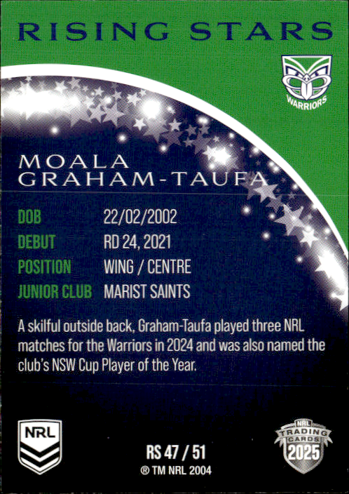 Moala Graham-Taufa Warriors Rising Stars 2025 NRL Traders Trading Card RS 47/51