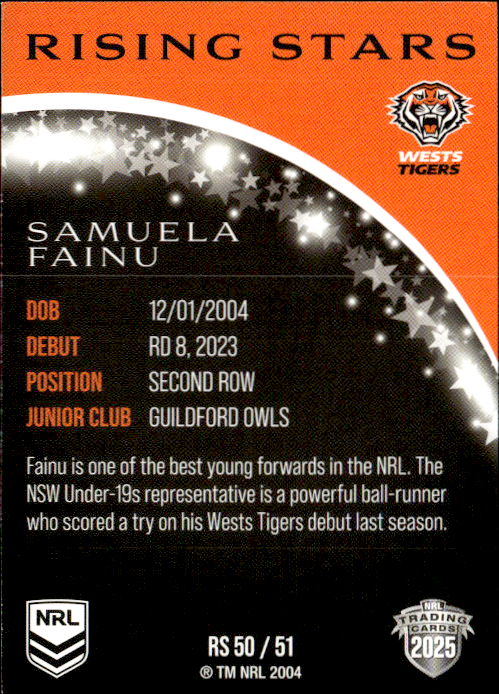 Samuela Fainu West Tigers Rising Stars 2025 NRL Traders Trading Card RS 50/51