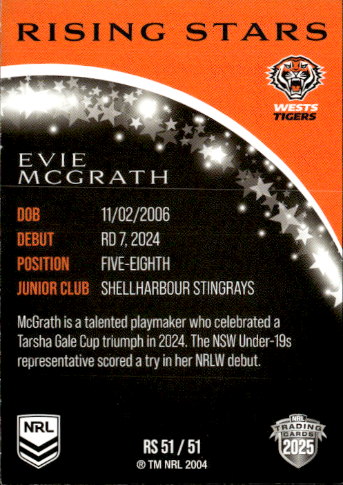 Evie McGrath West Tigers Rising Stars 2025 NRL Traders Trading Card RS 51/51