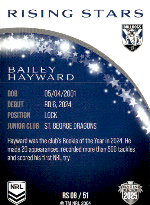Bailey Hayward Bulldogs Rising Stars 2025 NRL Traders Trading Card RS 08/51