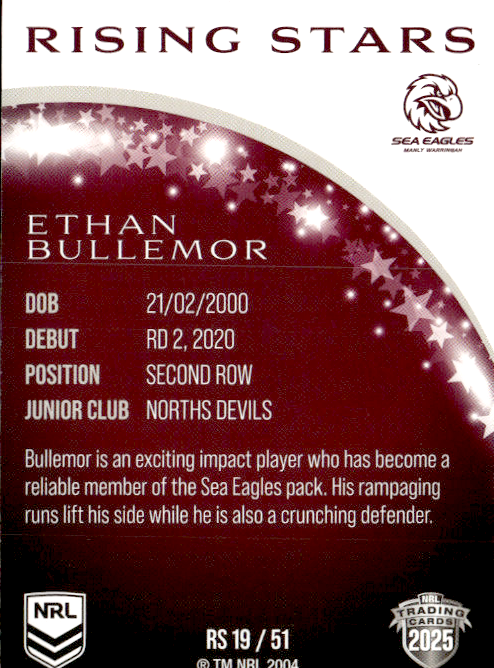 Ethan Bullemor Sea Eagles Rising Stars 2025 NRL Traders Trading Card RS 19/51