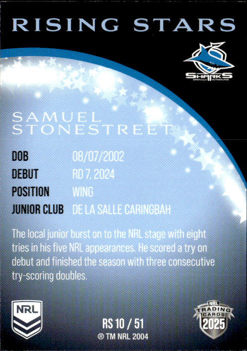 Samuel Stonestreet Sharks Rising Stars 2025 NRL Traders Trading Card RS 10/51