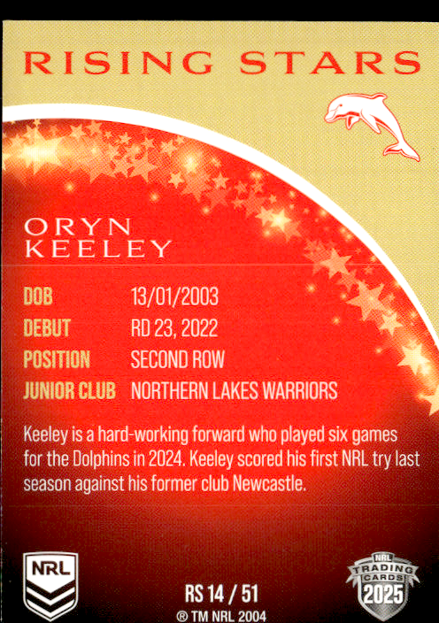 Oryn Keeley Dolphins Rising Stars 2025 NRL Traders Trading Card RS 14/51