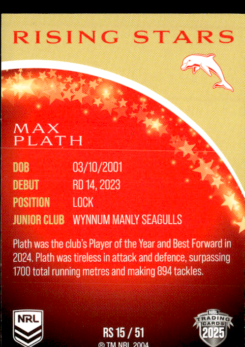 Max Plath Dolphins Rising Stars 2025 NRL Traders Trading Card RS 15/51