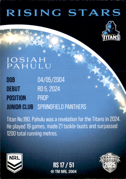 Josiah Pahulu Titans Rising Stars 2025 NRL Traders Trading Card RS 17/51