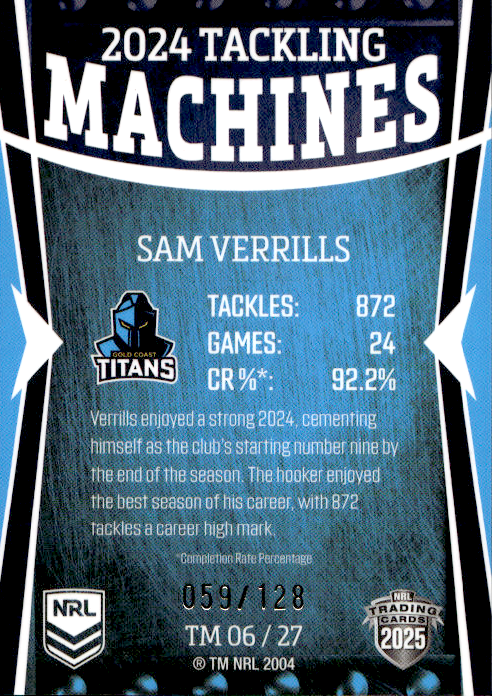Sam Verrills Titans 2024 Tackling Machines #059/128 2025 NRL Traders Trading Card TM 06/27