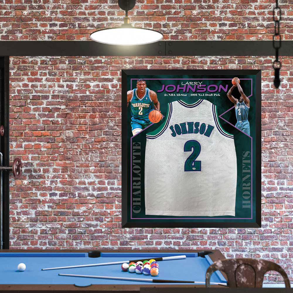 Basketball Larry Johnson Signed Charlotte Hornetts 3rd Party Certified Jersey Framed