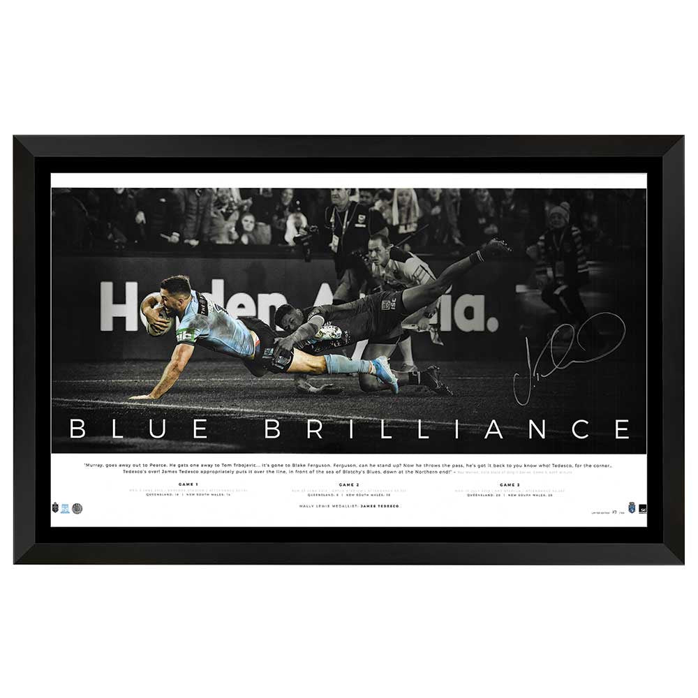 New South Wales Blues State Of Origin Blue Brilliance Icon Print Signed By James Tedesco Framed