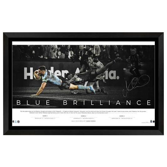 New South Wales Blues State Of Origin Blue Brilliance Icon Print Signed By James Tedesco Framed