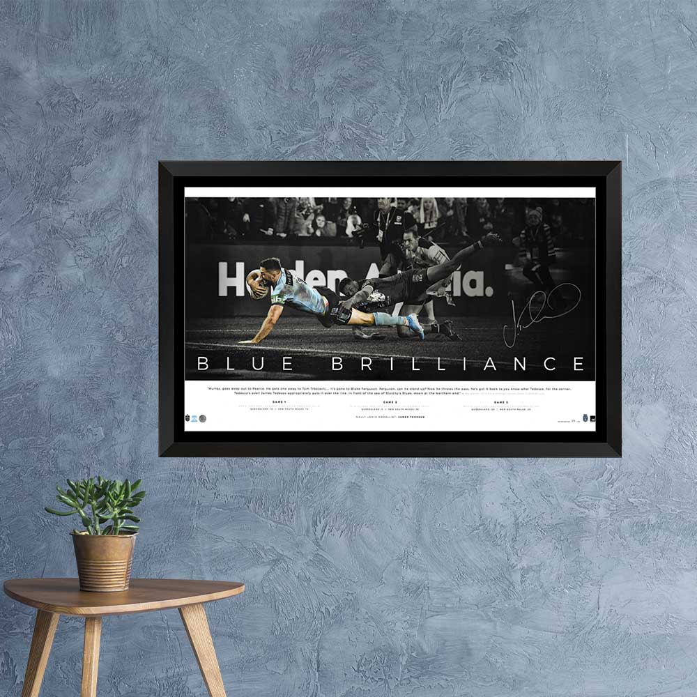 New South Wales Blues State Of Origin Blue Brilliance Icon Print Signed By James Tedesco Framed