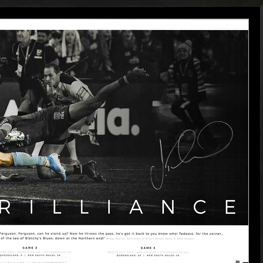 New South Wales Blues State Of Origin Blue Brilliance Icon Print Signed By James Tedesco Framed