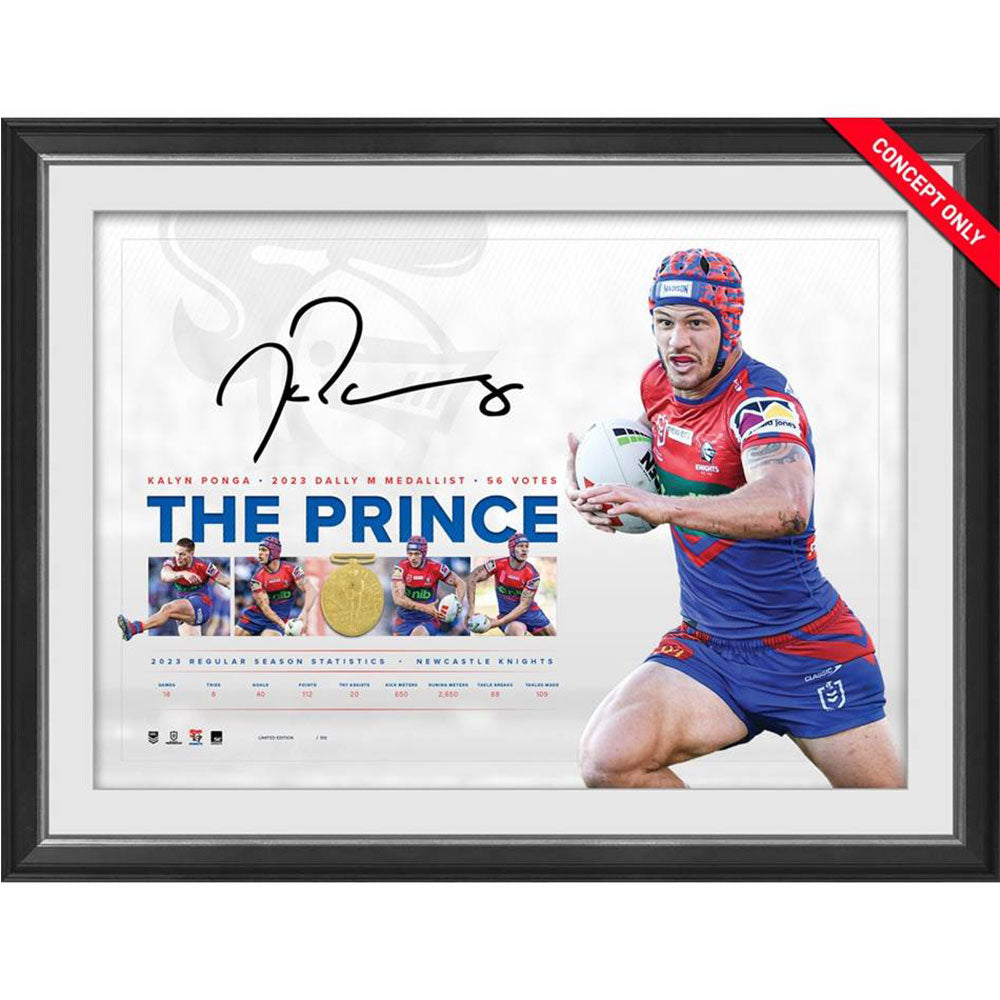 Newcastle Knights Kalyn Ponga Signed 2023 Dally M Lithograph Framed