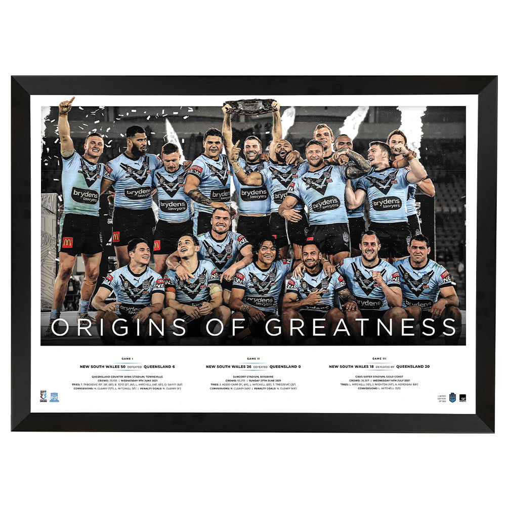 New South Wales Blues State Of Origin 2021 Origins Of Greatness Sportprint Framed