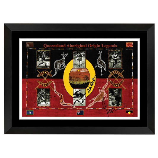 Queensland Maroons State Of Origin Aboriginal Greats Multi Signed Print Framed